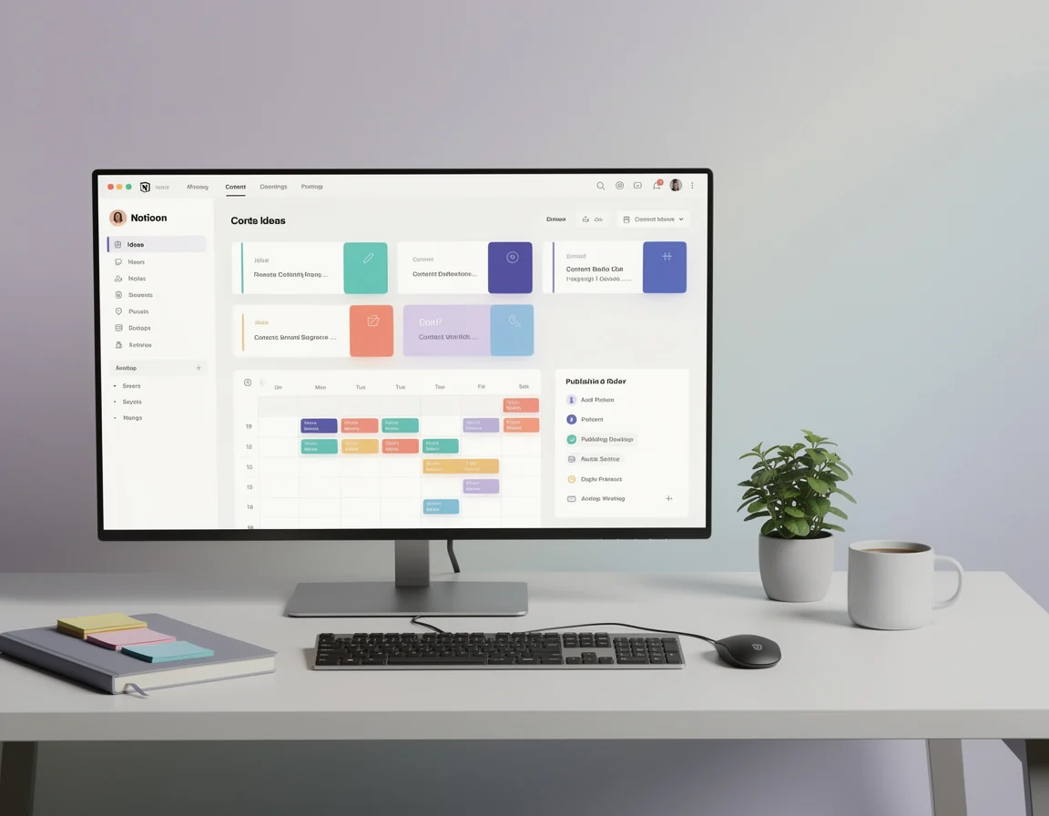 Mockup workspace Notion untuk ide konten asset dan jadwal publikasi