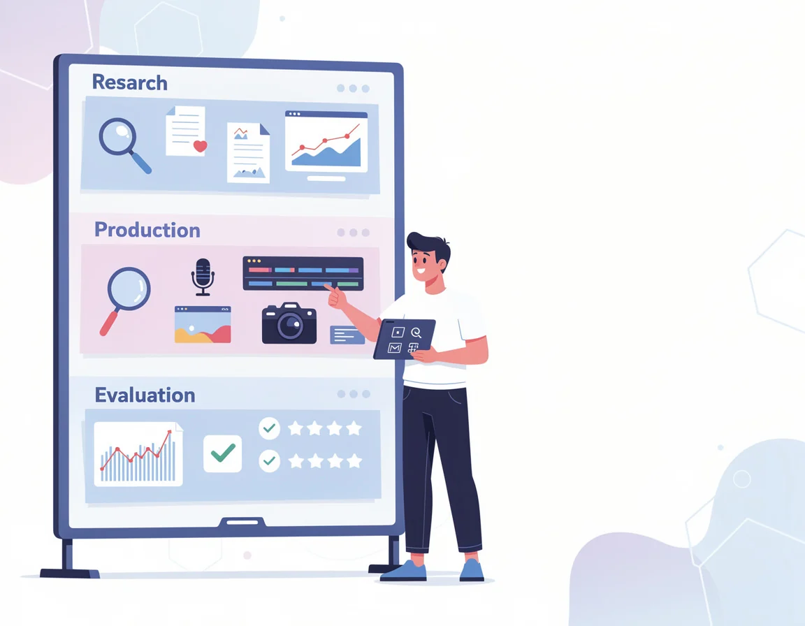 Papan audit workflow kreator dengan langkah riset produksi dan evaluasi